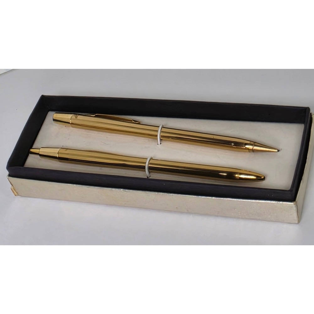 Vintage Gold Tone Pinstripe Pen and Mechanical Pencil Set USA Made with Box
